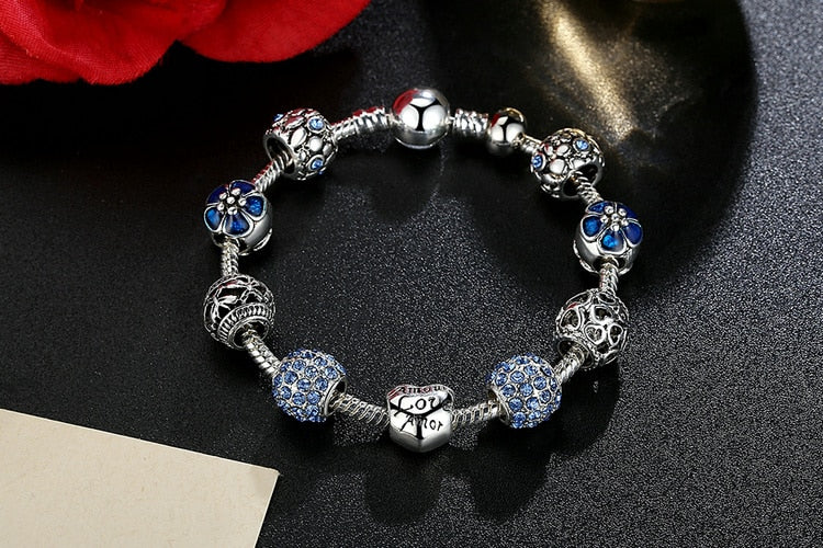 Blue Cubic Zircon Multicharm Love & Flower Charm Beads Bracelet image