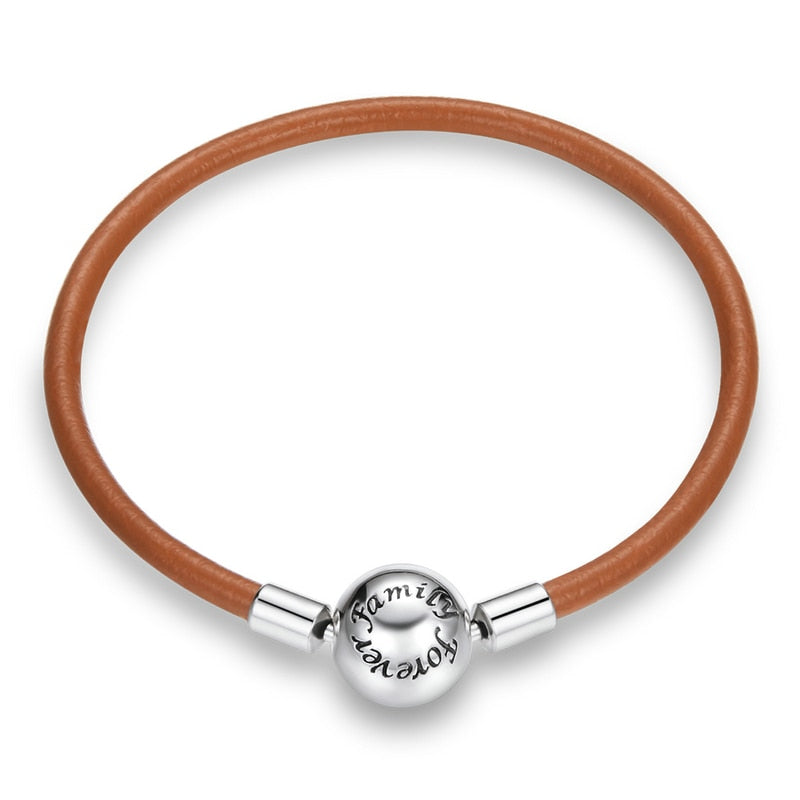 Family Forever Round Clasp Brown Leather Bracelet