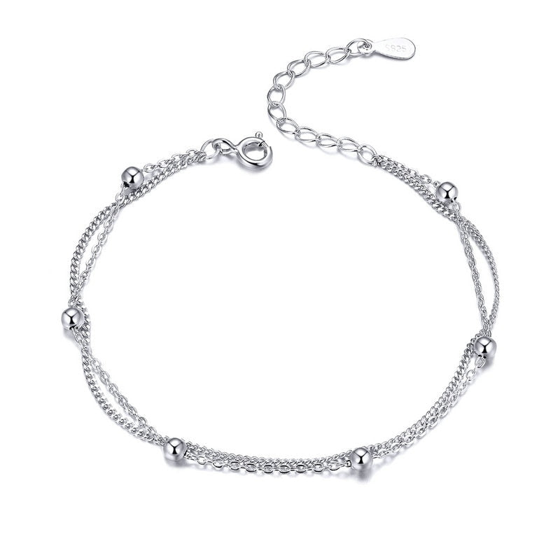 Silver Double Layer Round Beads Link Chain Bracelet