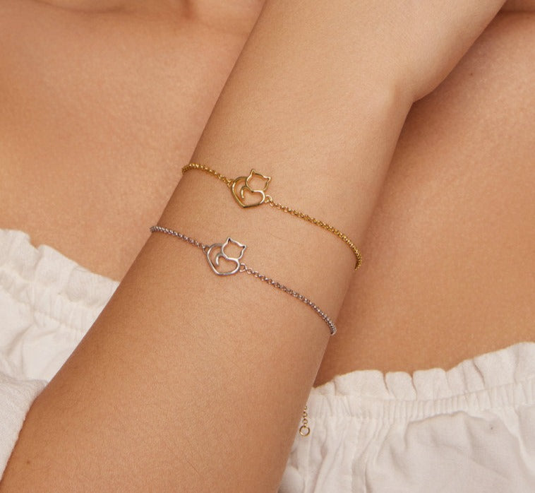 Two Cat And Heart Link Chain Bracelet