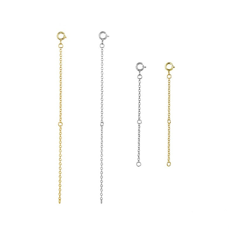 Three chain necklaces: gold, silver, and rose gold. Sterling Silver Chain Extension with Lobster clasp.