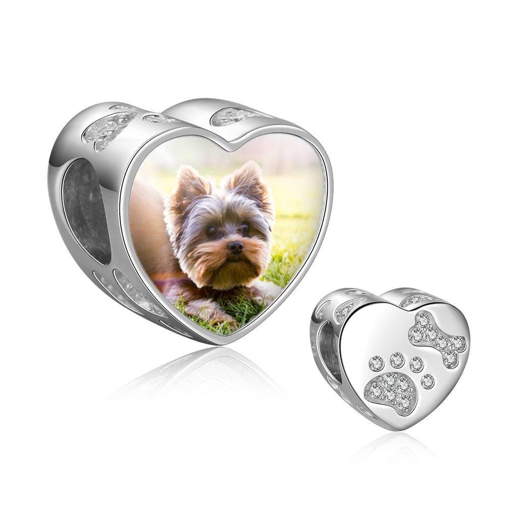 Pet Paw & Bone Heart Shape Personalized Photo Charm