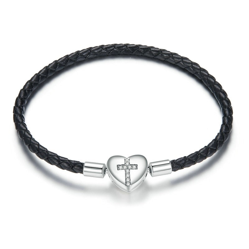 Modern Cross Round Clasp Black Braided Leather Bracelet