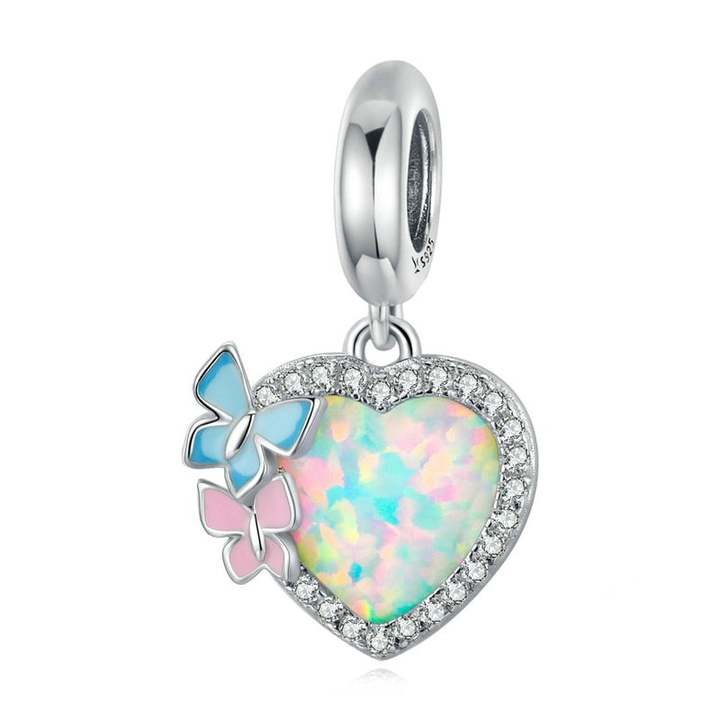 Sterling silver butterfly opal heart dangle charm necklace.