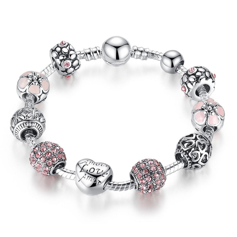 Pink Cubic Zircon Multicharm Love and Flower Charm Beads Bracelet
