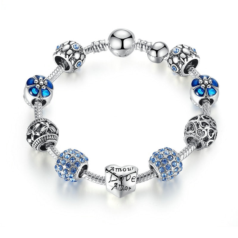Blue Cubic Zircon Multicharm Love & Flower Charm Beads Bracelet