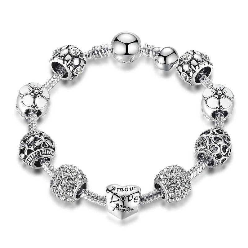 Cubic Zircon Multicharm Love and Flower Charm Beads Bracelet