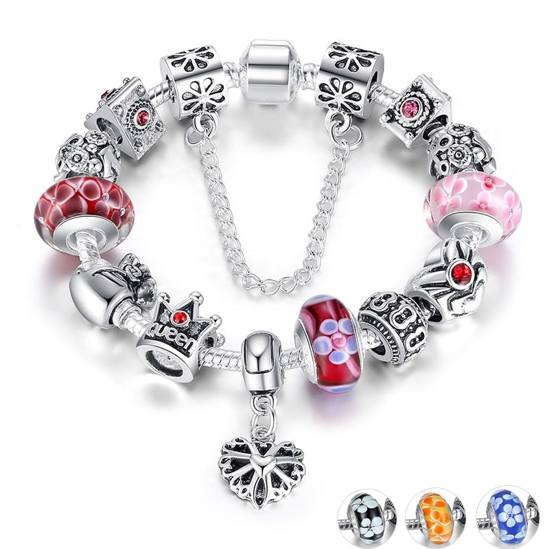 Crown, Love & Flower Multicharm Beads Bracelet with Safety Chain