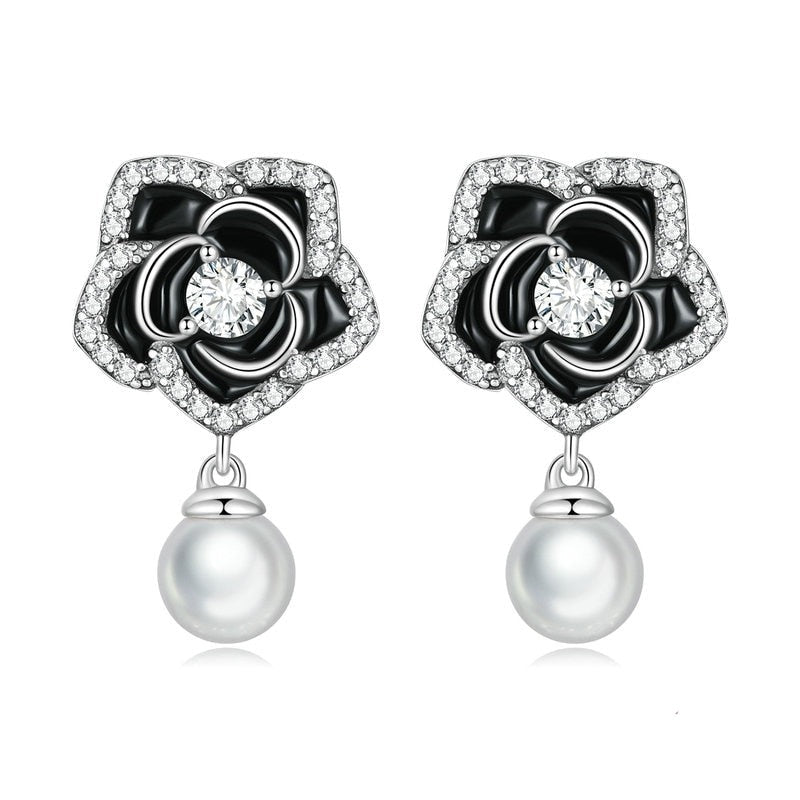 Black and white flower earrings with pearls, Black Camellia Pearl Drop Earrings.