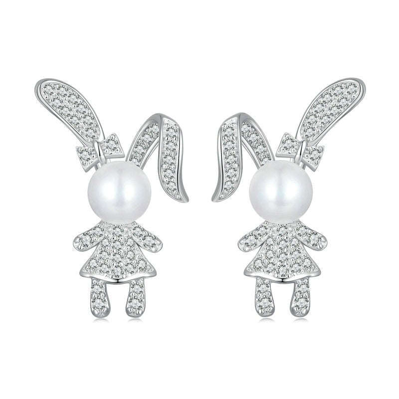 White rabbit earrings with diamond accents