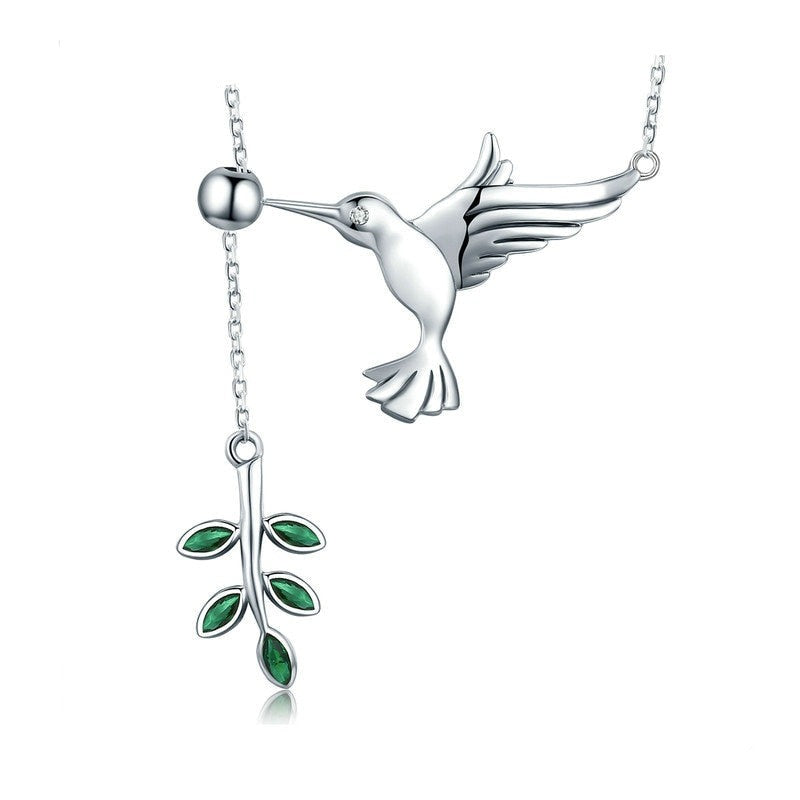 Spring Bird & Tree Leaf Pendant Necklace
