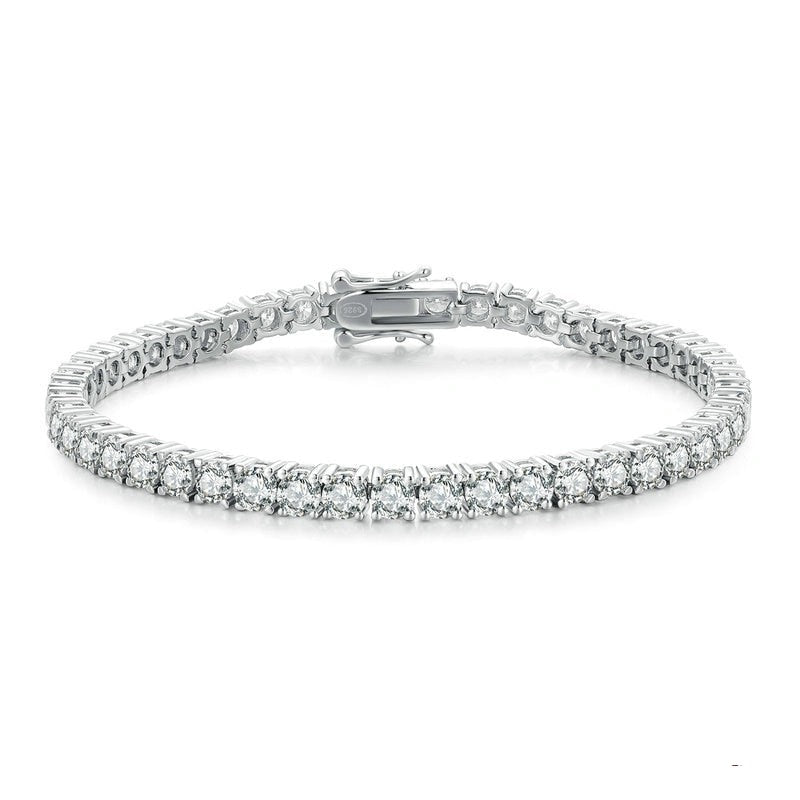 Tia Moissanite Tennis Bracelet, a dazzling white gold bracelet adorned with round diamonds.